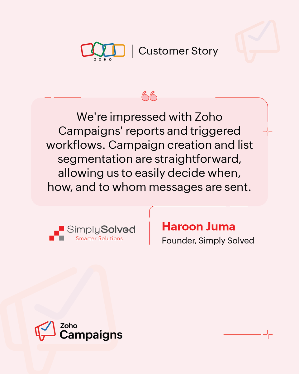 UAE-based SimplySolved offers outsourcing services to improve performance, operational efficiency, and compliance. They implemented @ZohoCampaigns to connect with the market using diverse communication methods. More here 🔗 zurl.co/IMCt