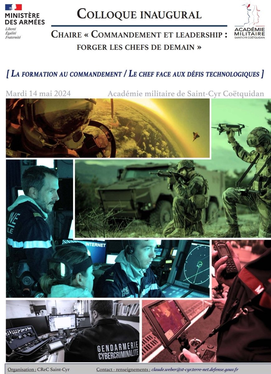 Colloque inaugural de la Chaire «Commandement et Leadership : forger les chefs de demain» On y parlera en interarmées de doctrine, de formation et d'enjeux du chef face aux defis technologiques. 📍Mardi 14 mai Infos / inscriptions 👇 colloquechaireleadership@gmail.com