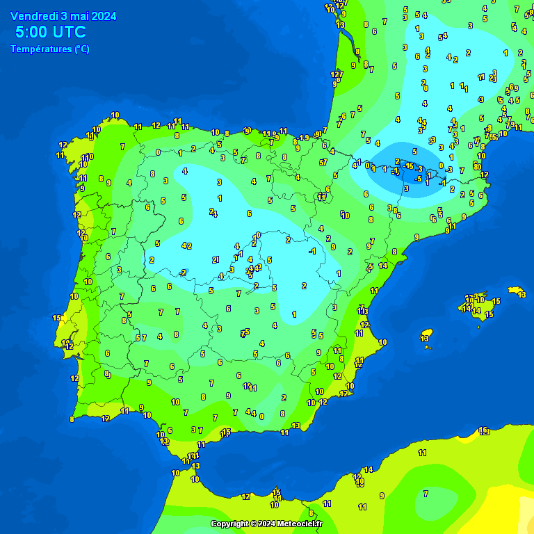 #Iberia temps at 7am, 03/05 - some early May frost continues, with coldest across the NE Interior with Tavescan -3C and Benasque & Molina de Aragón -1C, while warmest to be found around coasts, especially to the S, with Malaga Airport and Port 15C, also Cabo Carvoeiro, Portugal.