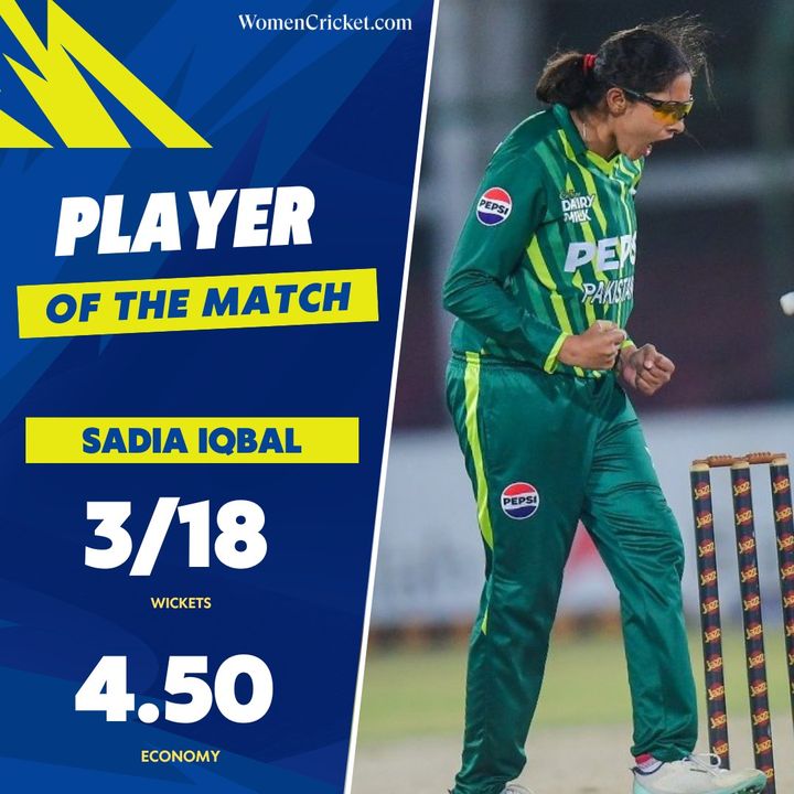 Player of the match: Sadia Iqbal 🏏 #women #cricket #PAKvsWI #T20Is #CricketTwitter #WomenCricket