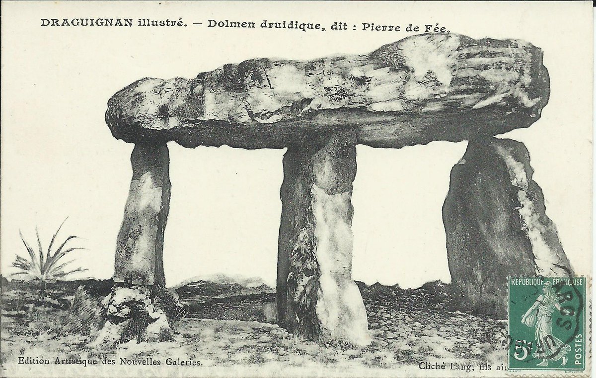 This is the remains of the passage grave of La Pierre de la Fée in Draguignan (Var) on a c. 1905 card by Nouvelles Galeries. Labelled as “Edition artistique” the artistry seems to have involved removing any background detail which makes the skeletal remains look very stark.