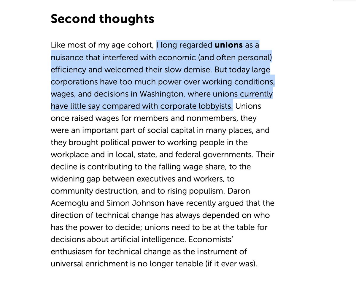 Nobel prize winner Angus Deaton: 'Like most of my age cohort, I long regarded unions as a nuisance.. welcomed their slow demise.. today large corporations have too much power over working conditions, wages, and decisions.. Their decline is contributing to the falling wage share.'