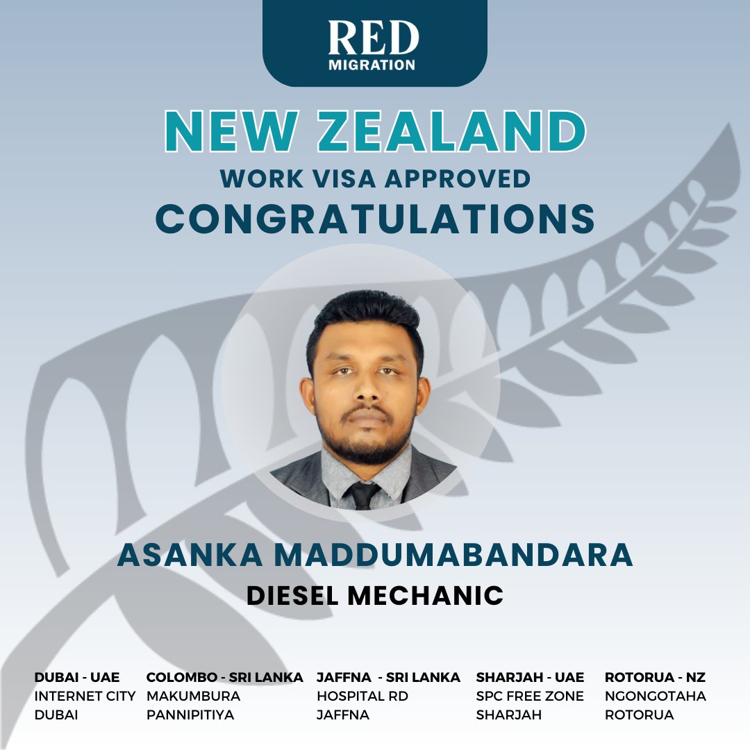 📷 Big congrats to Asanka for securing his work visa to New Zealand as a diesel mechanic! 📷 Your hard work has paid off! 📷 Wishing you all the best on this exciting journey ahead! 📷📷 #NewZealand #WorkVisaApproved #DieselMechanic #DreamsComeTrue #RedMigration #WorkInNewZealand