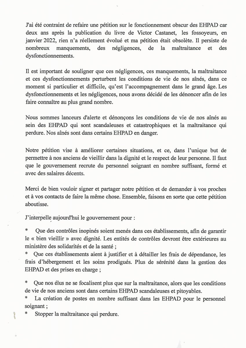 Pétition où nous demandons la mise en place D'UNE LOI SPÉCIFIQUE ADAPTÉE AU GRAND ÂGE AVEC DES MOYENS FINANCIERS ET UN PERSONNEL SOIGNANT EN NOMBRE SUFFISANT EN EHPAD car rien n'a évolué en 2 ans. Merci de signer et de partager
mesopinions.com/petition/sante…