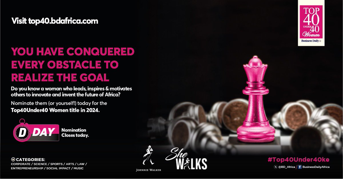 LAST CALL!!!
This is your last chance to nominate a deserving woman, or yourself, for the Business Daily Top 40 Under 40 Women 2024!

Nominate NOW at top40.bdafrica.com.

Nominations close at midnight.

@JohnnieWalkerKe

#Top40Under40KE #SheWalks #NominateNow #KeepWalking