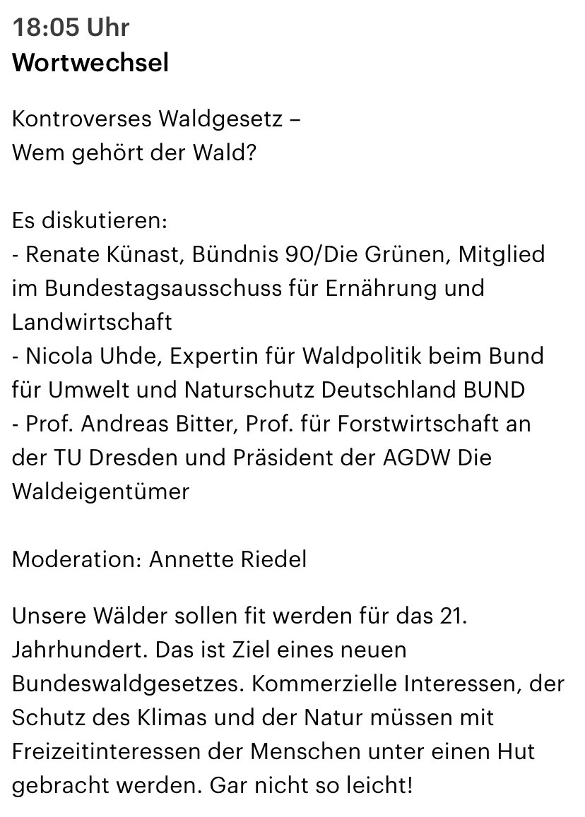 Heute Abend 18 Uhr auf DLF Kultur:
AGDW-Präsident Bitter im Gespräch mit <a href="/RenateKuenast/">Renate Künast</a> zum Thema Bundeswaldgesetz
#fingerwegvomwaldgesetz #waldgesetzstoppen #paragraphendschungel