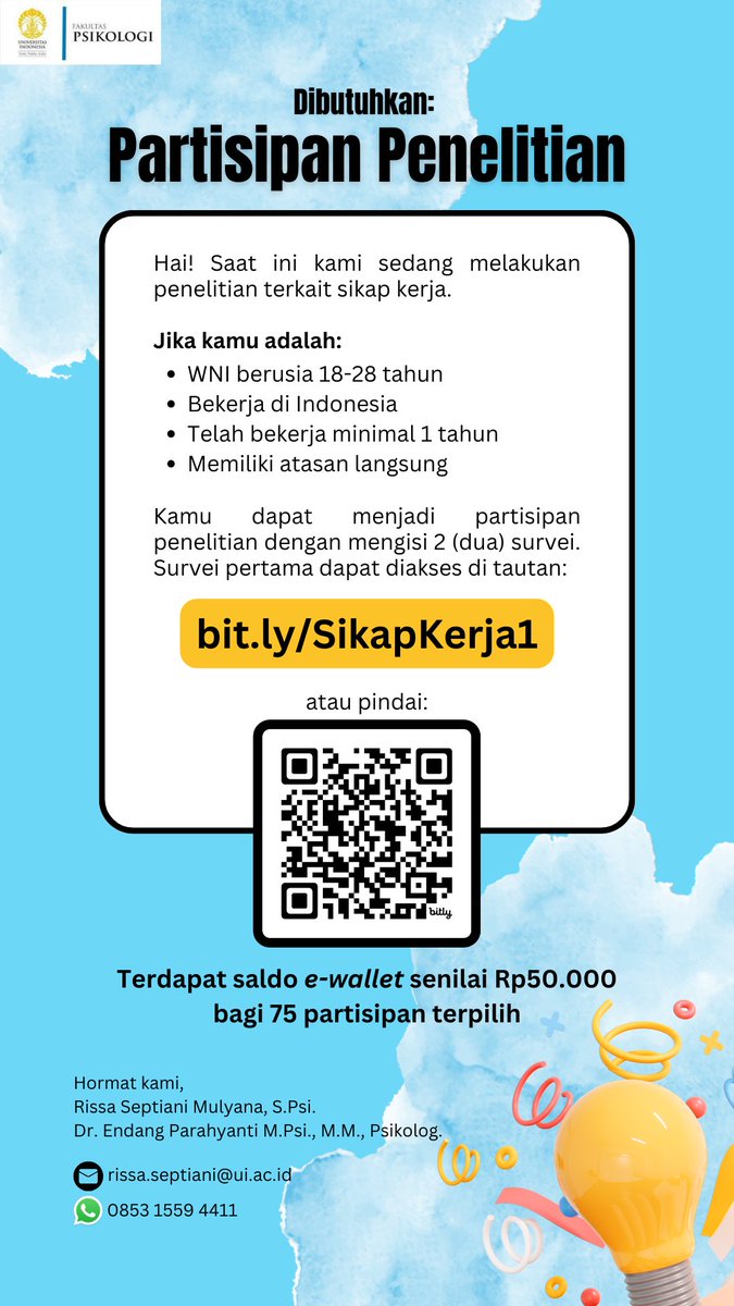 Gaiis, aku masih butuh ±100 responden kuesioner untuk tesiskuuu. Kriterianya seperti yg tercantum di poster yaa Btw surveinya ada 2 kali dgn jeda 2 minggu, selengkapnya di link ini: bit.ly/SikapKerja1 Thankyouuu semua 🤍