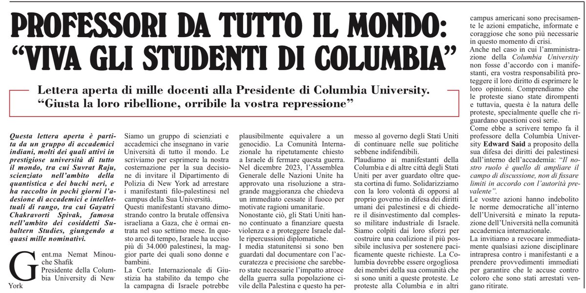 Un esempio che dà speranza
“Viva gli studenti di Columbia”
Lettera aperta di mille professori di tutto il mondo alla Presidente di Columbia University:
“Giusta la loro ribellione, orribile la vostra repressione”
l’Unità