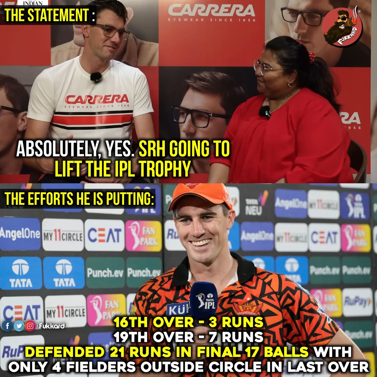 Fukkard's tweet photo. The Hero, The Captain, The Legend - Patrick James Cummins. 🐐

#PatCummims #SRHvsRR #SRHvRR https://t.co/riyuzoGftu