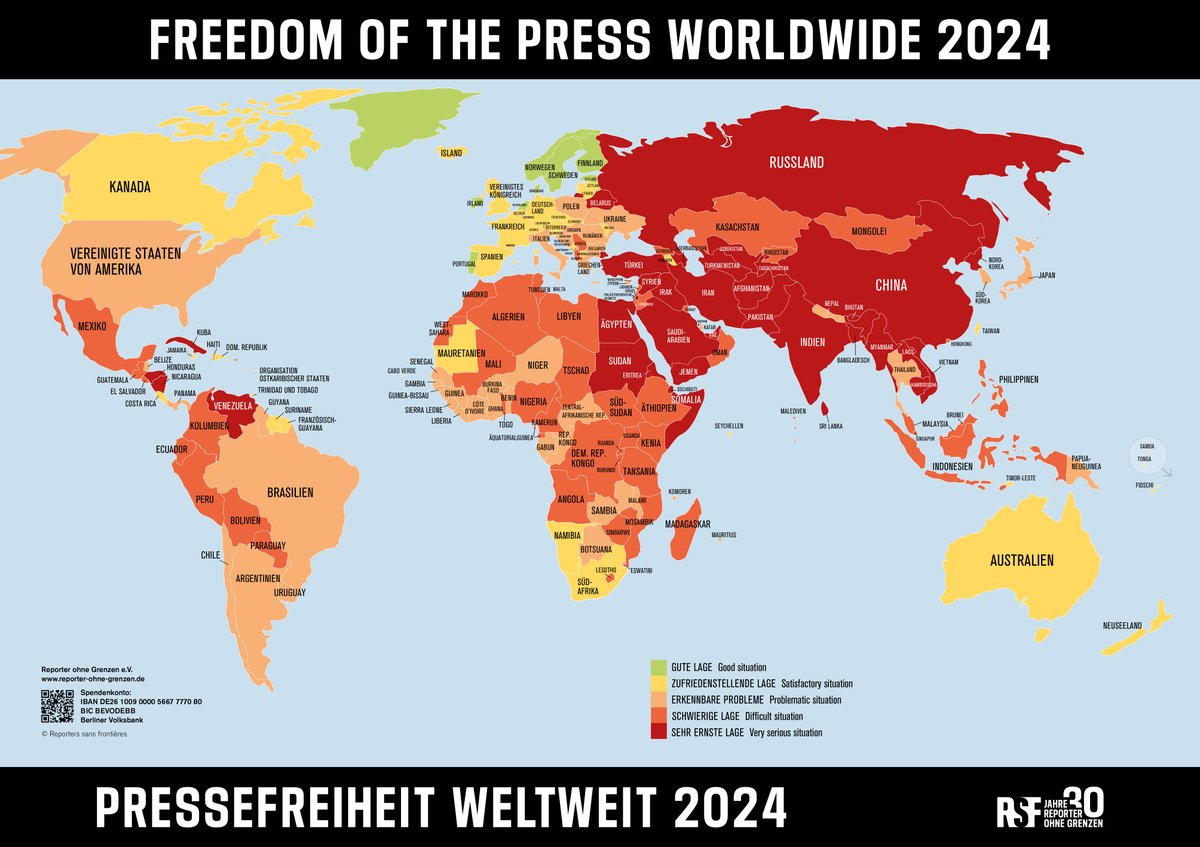 #Rangliste: Die Lage der #Pressefreiheit 2024 hat sich im weltweiten Vergleich weiter deutlich verschlechtert. Besonders rund um Wahlen sind Journalist*innen gefährdet, angesichts des #Superwahljahrs ist das besorgniserregend. Alle Zahlen & Entwicklungen: reporter-ohne-grenzen.de/rangliste/rang…