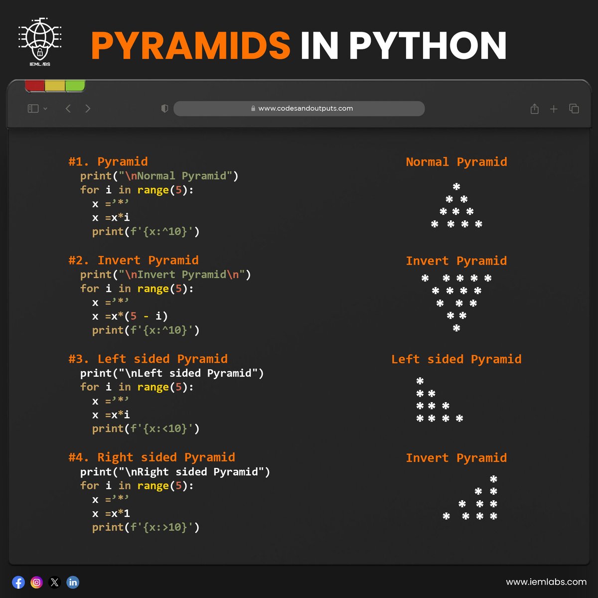Exploring the wonders of Python programming with pyramids! 🐍✨

#IEMLabs #PythonProgramming #CodeLearning #CodingCommunity #TechEducation #ProgrammersLife #DeveloperWorld #CodeNewbie #TechTips #ProgrammingSkills #LearnPython #CodingIsFun #ComputerScience #Coding101 #CodeLife