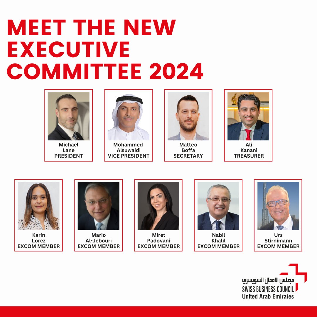 Thrilled to reveal the 2024 Elected #ExecutiveCommittee of the #SwissBusinessCouncilUAE. A heartfelt #ThankYou to these outstanding individuals!