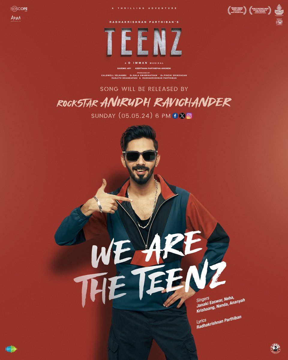 Teenz, are you ready to make some noise? Our next track 'We Are The Teenz' drops this Sunday at 6PM, launched by rockstar @anirudhofficial 

A #DImmanMusical
Praise God!

#wearetheteenz #teenzsongs #biblibibili #teenzmovie #DImman #teenz #RadhakrishnanParthiban #ImmanMusical