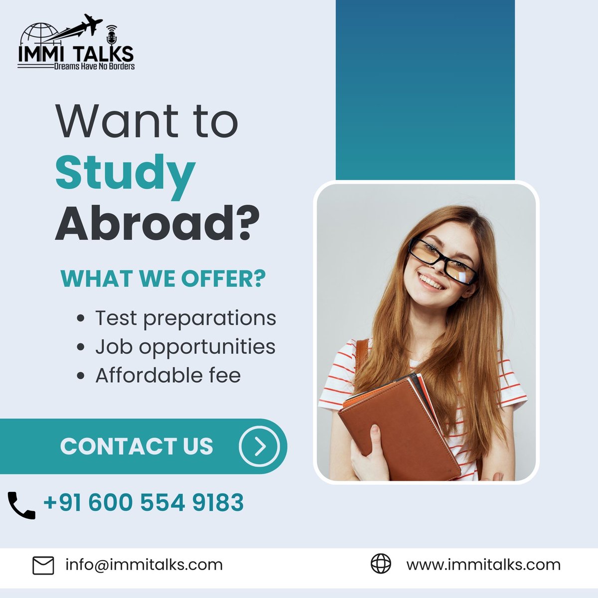 🌏 Dreaming of #StudyingAbroad? Let #ImmiTalks Be Your Guide! 📚✈️
 Our expertly curated courses and affordable fees make studying abroad a reality for aspiring scholars like you. 🎓💼
📞 +91-60055 49183 , +91-80692 47814 or  lnkd.in/dyi8Cpdp
🌐immitalks.com