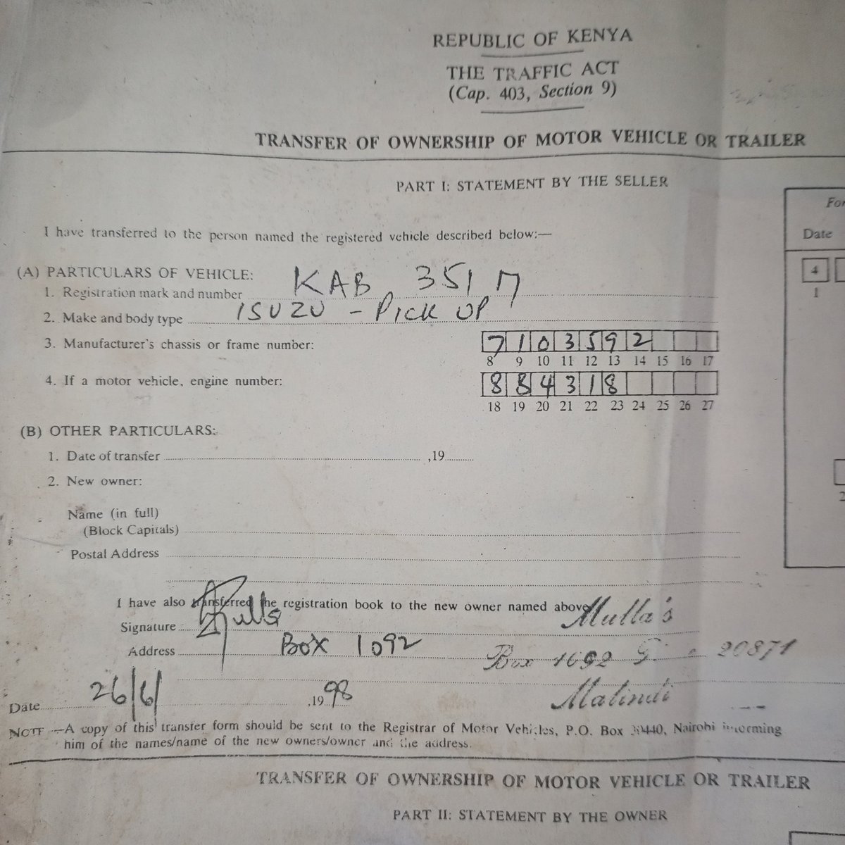 For our #GenZ this is a sample of a vehicle transfer document that was being used back in the 90s. Men such as @karugawanjuguna know it well. Things are now digitized. Thanks to @EricOgendi4 we are now able to keep some history intact. #Reuse 
#Westlands #MombasaRoad #SouthC