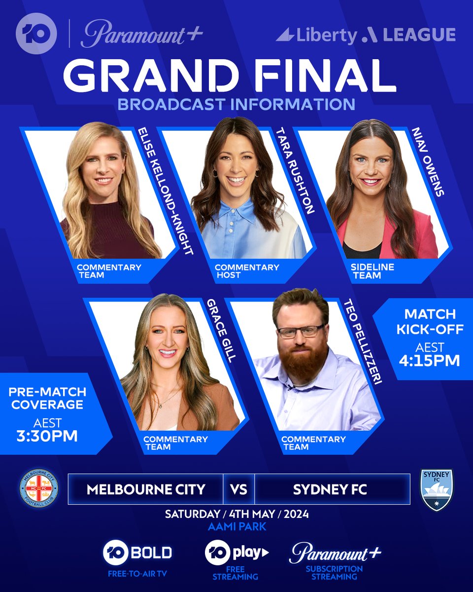 🏆⚽GRAND FINAL ALERT!🏆⚽ It's @MelbourneCity vs @SydneyFC in the 2023-24 Liberty @aleaguewomen's Grand Final! 👀 Join our expert commentary team at 3:30pm AEST on Saturday, live & free on 10 Bold & 10 Play, plus live on @ParamountPlusAU! 📱💻: 10play.com.au/a-league-women… #MCYvSYD