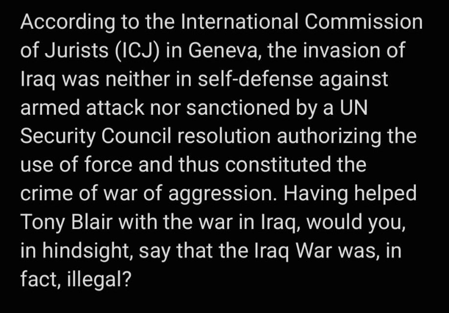 In a sociology lesson earlier this week, my daughters teacher disagreed with my daughters use of the word illegal to describe the Iraq war. Today, Alistair Campbell is coming to her school to give a talk on politics, this is the question she has prepared to ask him 😌