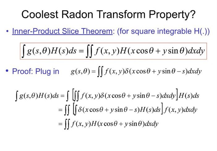 @gabrielpeyre This is a special case of the “inner-product slice theorem”. One gets the 'Fourier slice theorem' by setting H(p) to a complex exponential. The general (inner product) property makes Radon useful for applications besides medical imaging