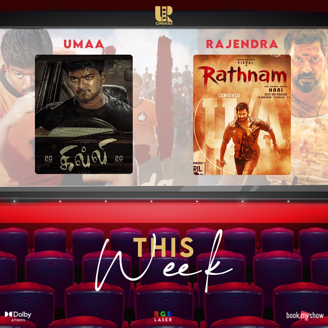 #Ghilli continues successfully for the 3rd week 🥳 #Rathnam continues in the main screen, book your tickets now for the weekend!!