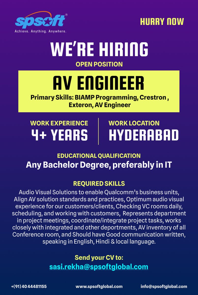 Hello Everyone,
We are Hiring...!

Role: AV Engineer
Experience Required: 4+ Years
Work Location: Hyderabad
Send Your CV to:- sasi.rekha@spsoftglobal.com

#AVEngineer #TechJobs #EngineeringCareers #Programming #DeveloperJobs #JobOpportunity #Jobalert #Hiringnow #Jobsearch #SPSoft
