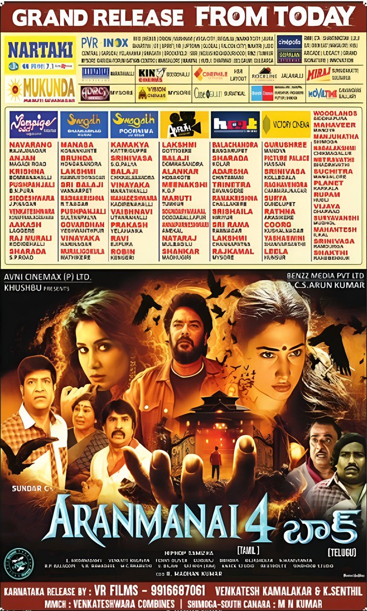 #Aranmanai4 Grand release from today across Karnataka. Hold the highest show count for today among all other releases 👉 1,860+ tickets have been Pre-booked across the state as of 12AM today! Here's entire Karnataka theatre list