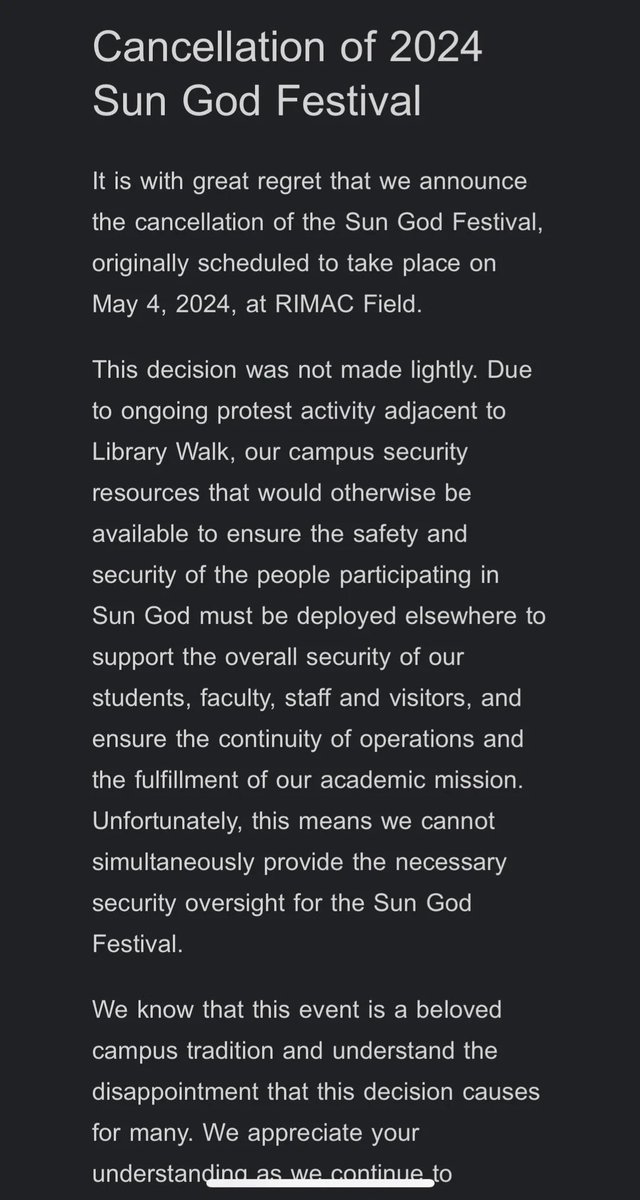 its so wild to me that ucsd cancelled their yearly music festival for a... peaceful encampment???? is this not just a really really obvious attempt to turn students against protestors