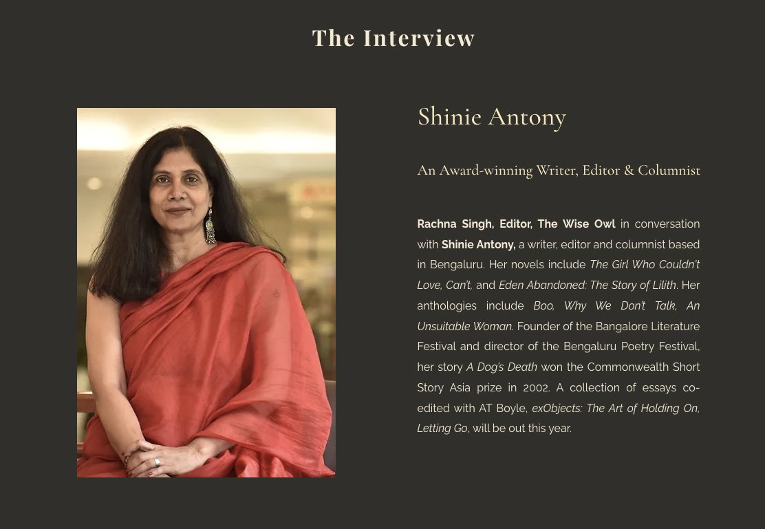 The Interview: Shinie Antony 'To me a short story contains with it a single arc, an ebb and flow all its own… I have always felt short stories are poetry and maths,' says Shinie in an interview with The Wise Owl. thewiseowl.art/the-interview-…