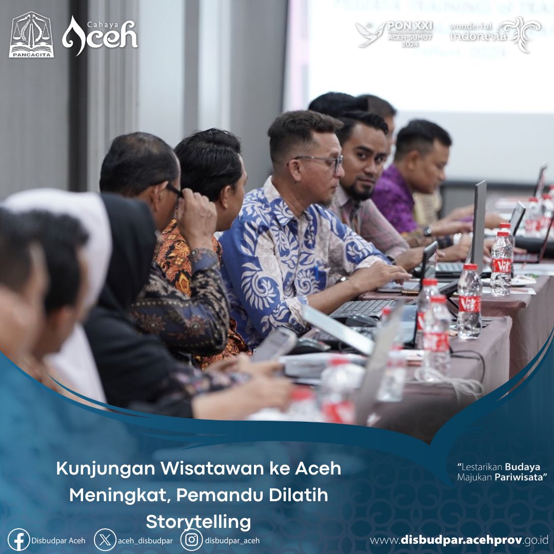 Sebanyak 30 pemandu wisata di Aceh mengikuti pelatihan kepemanduan wisata berbasis kompetensi 2024 yang digelar Dinas Kebudayaan dan Pariwisata (Disbudpar). Peserta dilatih cara penyampaian informasi menarik ke wisatawan yang bertamasya ke Serambi Mekkah.