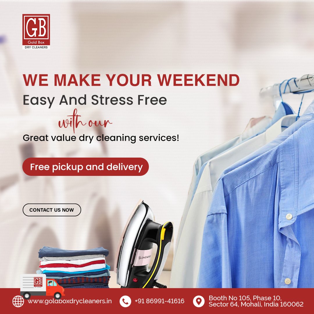 Ease into your weekend with stress-free dry cleaning! 🧺✨

☎️ 8699141616 or 📍 goldboxdrycleaners.in
#GoldBoxLuxuryCare #BusinessImageUpgrade #CommercialDryCleaning #ProfessionalCleaningServices #DryCleaningExperts #QualityService #PickupAndDelivery #LuxuryCleaning #Mohali