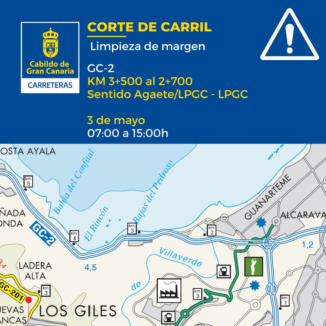 ❌Corte de carril❌
Limpieza de margen

🛣️GC-2 Kilómetros 3+500 al 2+700 sentido Agaete/LPGC - LPGC 
🗓️3 de mayo
⏰07:00 a 15:00 h.

#CarreterasGC @guaguasglobal @FET_CANARIAS @GuaguasLPA