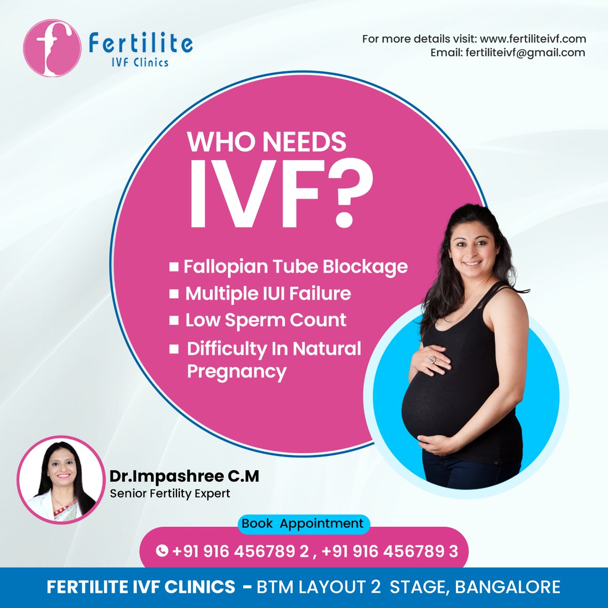 🌱 Fertilite IVF Clinics 🌱

👩‍⚕️ Meet Dr. Impashree C.M, Senior Fertility Expert

📅 Book Appointment:
+91 9164567892 | +91 9164567893

🏥 Location:
FERTILITE IVF CLINICS
BTM Layout 2 Stage, Bangalore

#IVF #FertilityTreatment #FertiliteIVF #BangaloreIVF #BTMLayoutIVF