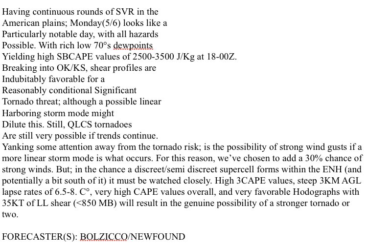 [UNOFFICIAL] <— TOW Forecast for 5/26/24 (Monday)
Longer range forecasting presents it’s challenges; but thankfully models have gifted us with a higher level of consistency. An All hazards risk is possible; with tornadoes, large hail, and strong winds all being a factor