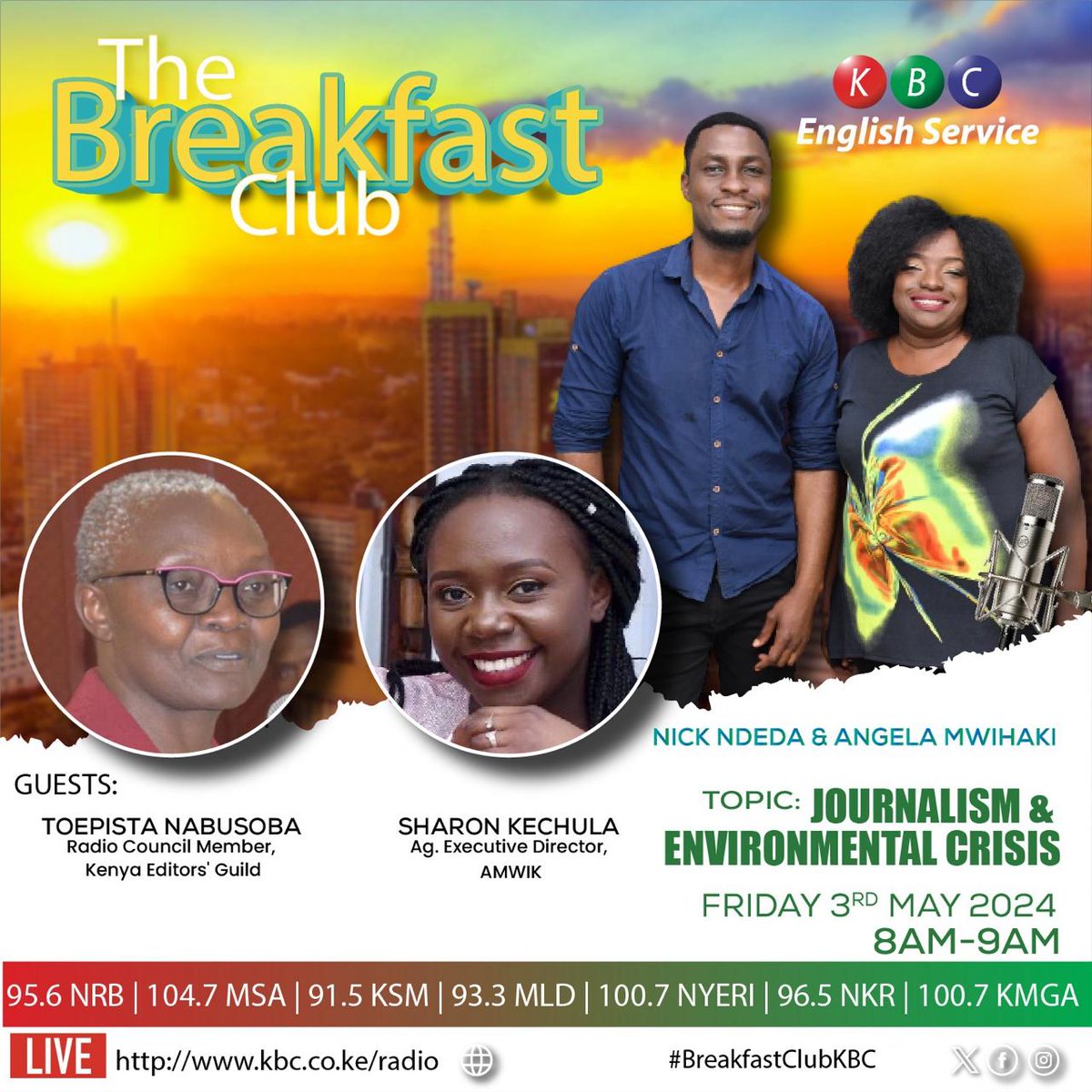 Tune in to the #BreakfastClubKBC today from 8.00 am to 9.00 am as KEG council member Toepista Nabusoba speaks on Journalism and Environmental crisis. @NickNdeda @angelamwihaki #WPFD2024