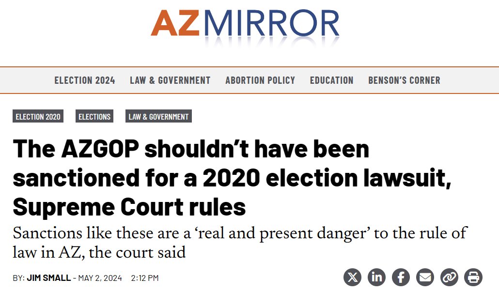 Good news from the AZ Supreme Court.  Link in comment.

Quote: 

The Arizona Republican Party’s lawsuit challenging the post-election hand-count process in 2020 wasn’t groundless or filed in bad faith, and the party doesn’t have to pay attorney’s fees for the Secretary of State’s…