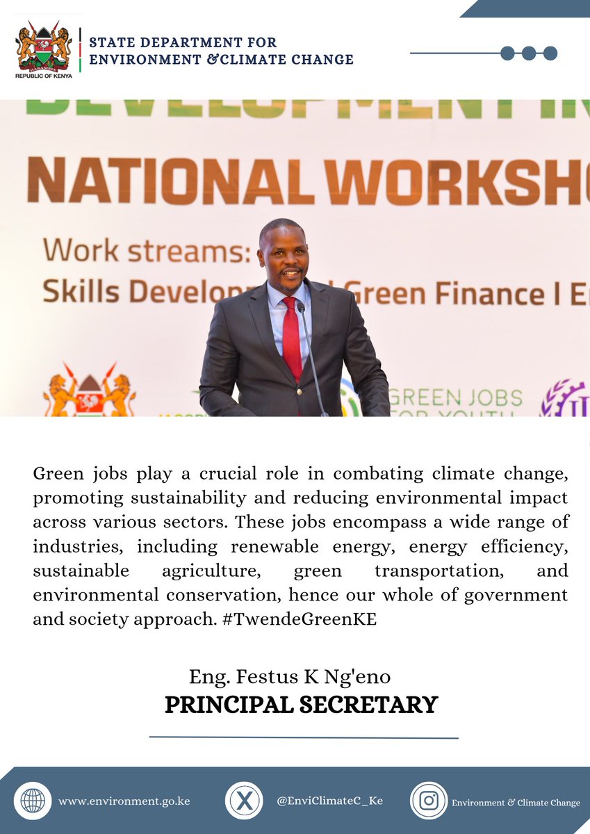 Green jobs play a crucial role in combating climate change, promoting sustainability and reducing environmental impact across various sectors. These jobs include renewable energy, energy efficiency, sustainable agriculture, green transportation ~PS Eng Ng'eno  #TwendeGreenKE