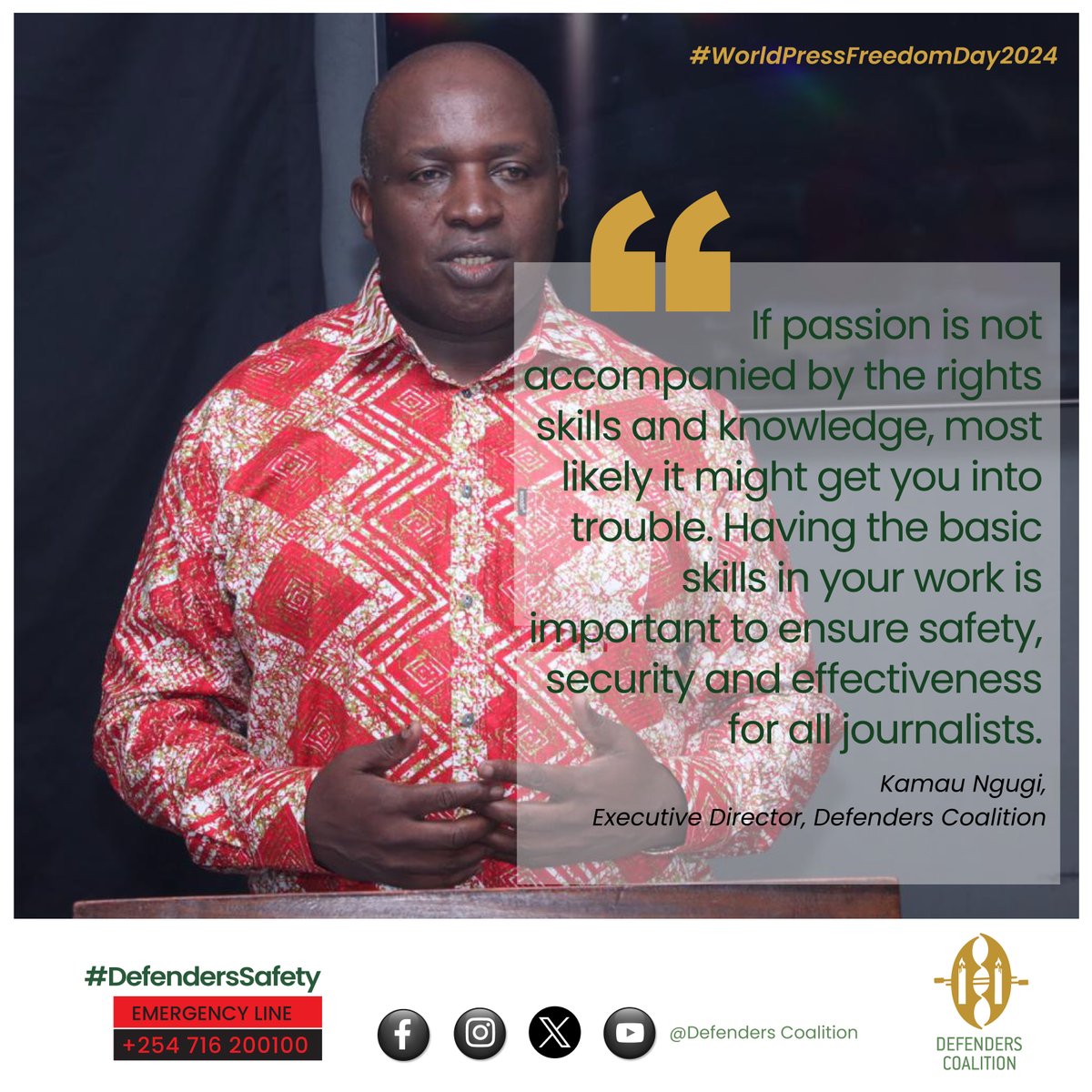 Our Executive Director - @dkisngugi acknowledges the need for concerted efforts towards supplementing passion with the right skills for journalists during the #WorldPressFreedomDay2024. #PressFreedom #StandUp4HumanRights #DefendersCoalition