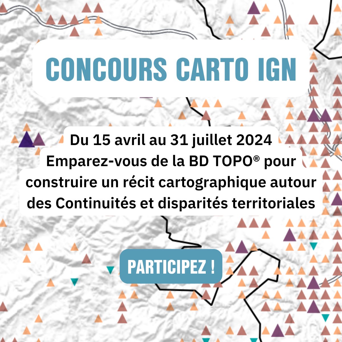 [#Concours 🗺️] Imaginer un récit cartographique, infographique ou artistique sur le thème des 'Continuités et disparités territoriales'… Ça vous inspire ? À vos #cartes ! 🖌️ Participez sans attendre à notre grand concours #carto autour de la BDTOPO® et proposez vos créations