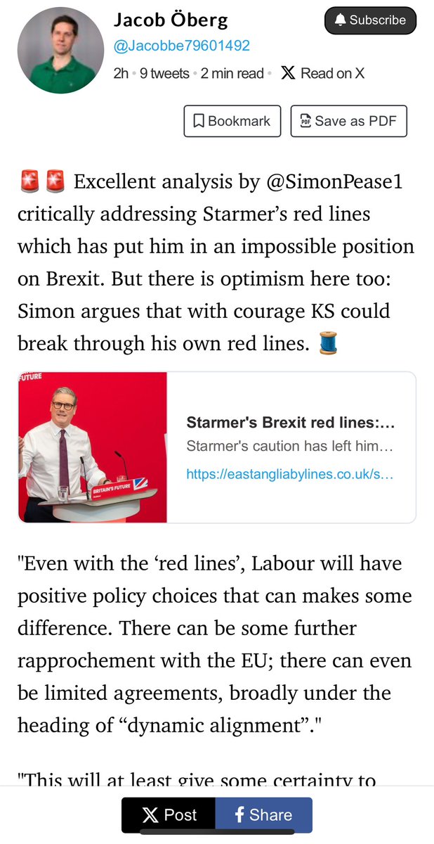 Start your day with a sense of optimism! @Jacobbe79601492 🧵looks ahead to a #Starmer Govt “which seeks to deepen the relationship with Europe to mutual advantage. Closer alignment to EU standards across a range of areas; removal of barriers …” threadreaderapp.com/thread/1786276…