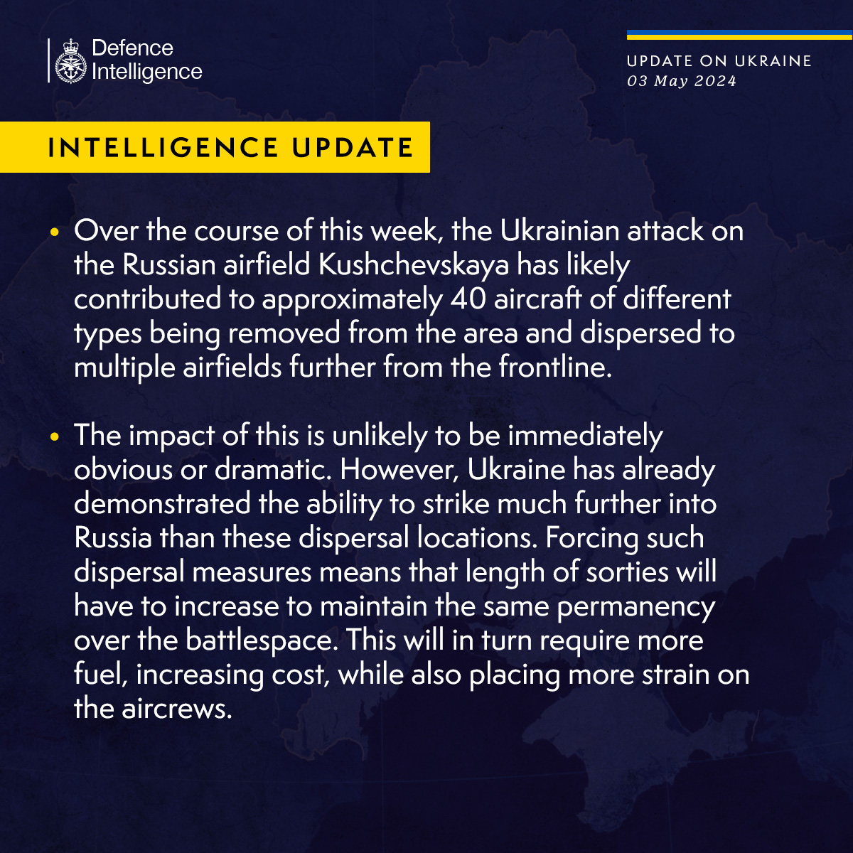 Latest Defence Intelligence update on the situation in Ukraine – 03 May 2024. Find out more about Defence Intelligence's use of language: ow.ly/enhY50Rqov8 #StandWithUkraine 🇺🇦