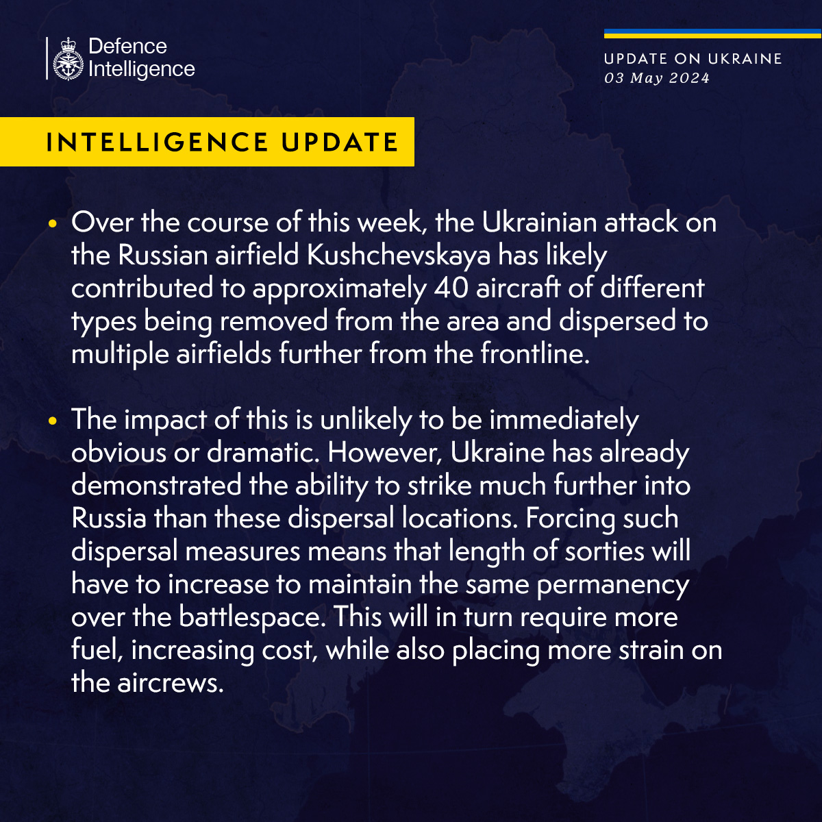 Over the course of this week, the Ukrainian attack on the Russian airfield Kushchevskaya has likely contributed to approximately 40 aircraft of different types being removed from the area and dispersed to multiple airfields further from the frontline.   The impact of this is unlikely to be immediately obvious or dramatic. However, Ukraine has already demonstrated the ability to strike much further into Russia than these dispersal locations. Forcing such dispersal measures means that length of sorties will have to increase to maintain the same permanency over the battlespace. This will in turn require more fuel, increasing cost, while also placing more strain on the aircrews.