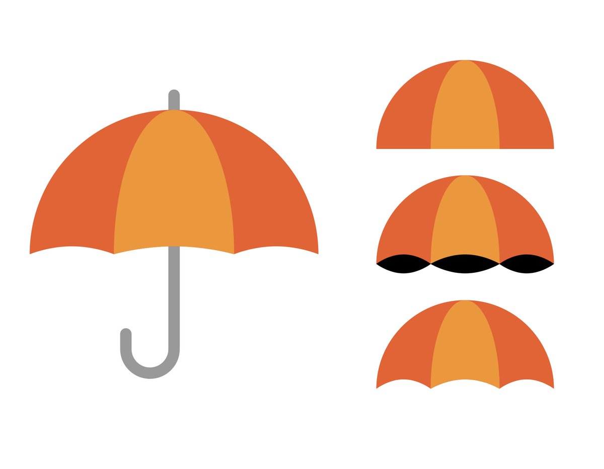 傘の下の凹み部分を作るには楕円ではなく、楕円の両端のハンドルを削除した葉っぱ型のパスにすると良い塩梅。#Adobeillustrator
