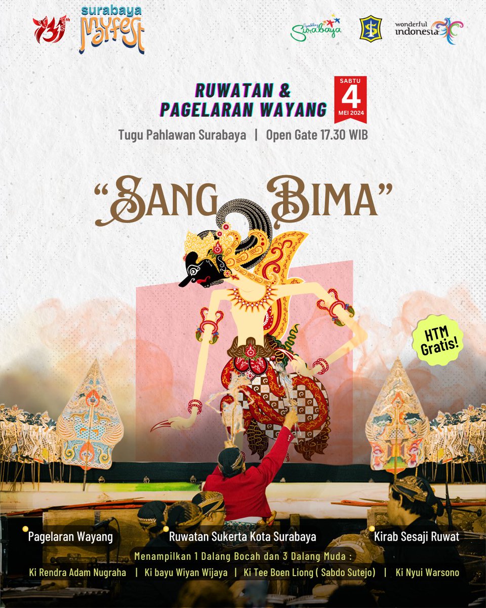 SANG BIMA Pagelaran wayang dan ruwatan kembali digelar hari Sabtu, 4 Mei 2024 di Tugu Pahlawan ❤️ Membawa lakon utama 'Sang Bima' bersama 4 dalang, Ruwatan dan Pagelaran Wayang akan dimulai pukul 17.30 WIB Mention yang pengen kalian ajak kesini 🤗