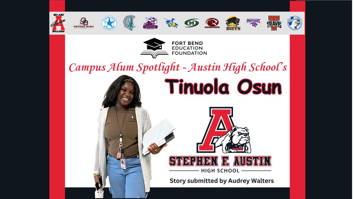 Our Campus Alum Spotlight is on Tinuola Osun. The Austin High School graduate is a teacher at Austin High School. Read her story, submitted by Audrey Walters, at buff.ly/48huKTk. #fbefalumnispotlight