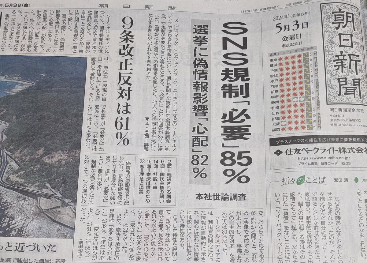 【あれれ】朝日新聞、本社世論調査によるとSNS規制必要が85％【HotTweets】