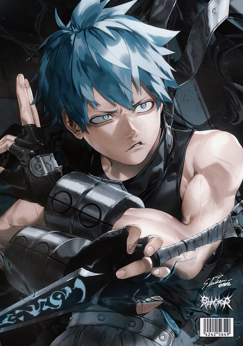 solo short hair blue eyes 1boy gloves holding bare shoulders  illustration images