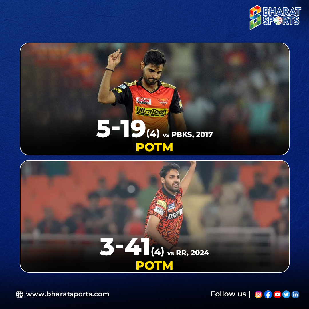'Bhuvneshwar Kumar is back in form! 🟠🏆 After 7 long years, he clinches the Player of the Match award in the IPL! 🤯🔥#BhuvneshwarKumar #IPL2024 #SRH 🏏 . . . #BharatSports #Hyderabad #IPL2024 #SRHvRR #Cricket 🏆 #TeamIndia #T20WorldCup2024 🇮🇳 #BCCI #Sports #InstaCricket #RRvsMI