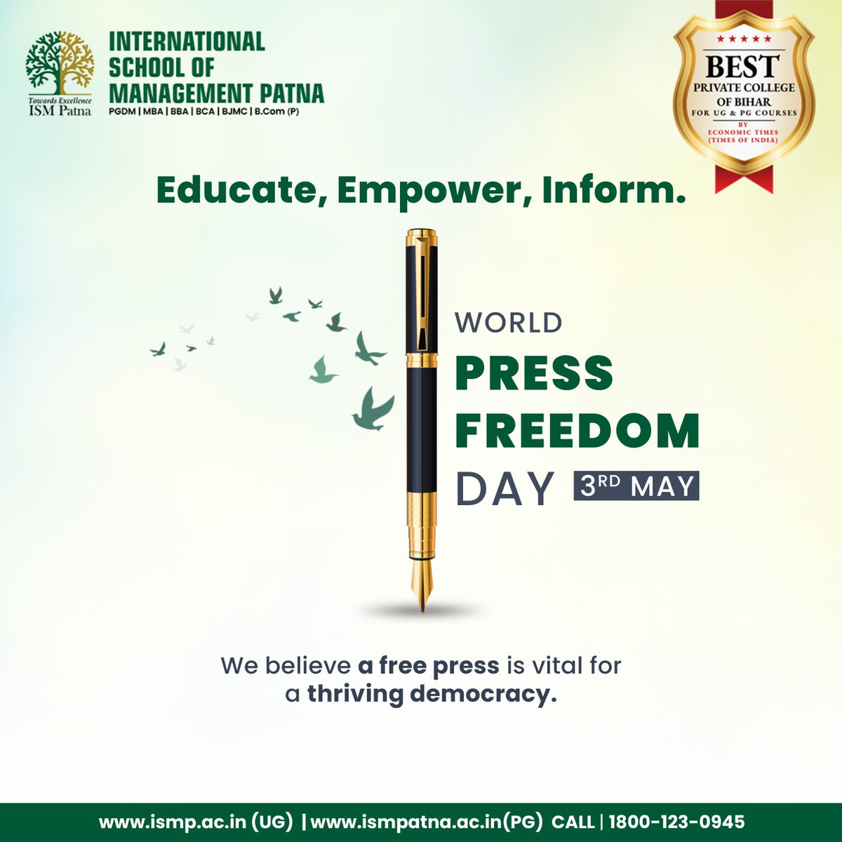 At ISM College, we nurture the next generation of responsible #journalists who value truth and free expression. Let’s uphold press freedom for a #brighterfuture.

#WorldPressFreedomDay #PressFreedom #journalism #India #Press #media #news #democracy #ISMPatna
