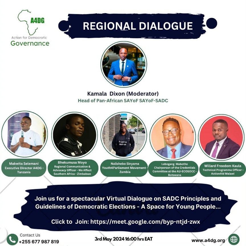 In partnership with @DemocracyWF through #CharterProject Africa. A4DG is organizing the Regional dialogue on “SADC Principles & Guidelines for Democratic Elections”

Please register to participate👇🏾

docs.google.com/forms/d/e/1FAI…
 
Karibuni

#KanuniZaSADC| #CharterProjectAfrica