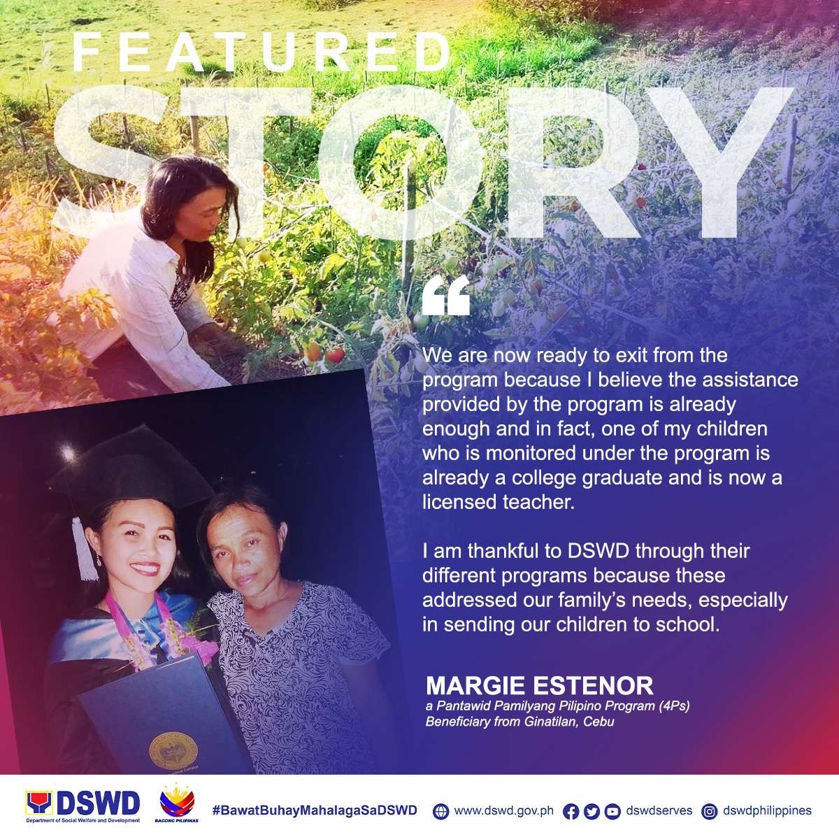 𝐃𝐒𝐖𝐃 𝐅𝐄𝐀𝐓𝐔𝐑𝐄 𝐒𝐓𝐎𝐑𝐘 | 4Ps couple reaps benefits of Family Development Sessions Margie Estenor, a resident of Ginatilan, Cebu, attests to the significant impact of the Department of Social Welfare and Development’s (DSWD) Pantawid Pamilyang Pilipino Program (4Ps)…