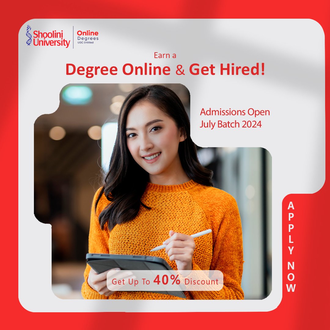 Shoolini University offers online degree programs with 'pay after placement' options & generous discounts for the July Batch. Apply Now!

Contact details- +91- 8336889553
WhatsApp:- wa.me/message/TINDX5…

#EduKyu #ShooliniOnline #ShooliniUniversity #ShooliniOnlineUniversity